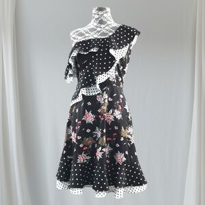 Y2K Lea‎ And Viola One Shoulder Dress Black Ruffle Dance Flirty Small Retro